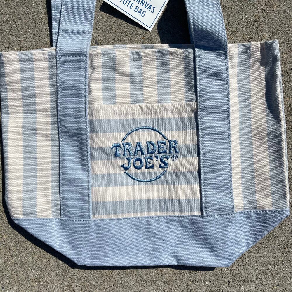 Set of 4! Trader Joe’s Canvas MINI Tote Bags PASTEL STRIPE Blue Green Pink Khaki - Picture 5 of 15